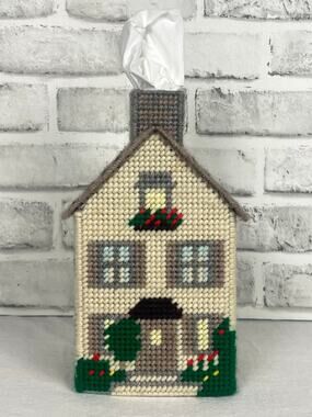 Vintage Needlepoint Tissue Box Cover House Cottage Plastic Canvas Handmade Craft